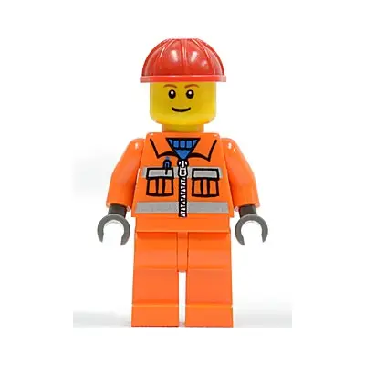  Construction Worker - Orange Zipper, Safety Stripes, Orange Arms, Orange Legs, Red Construction Helmet, Brown Eyebrows, Thin Grin