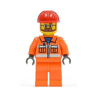  Construction Worker - Orange Zipper, Safety Stripes, Orange Arms, Orange Legs, Red Construction Helmet, Beard and Glasses