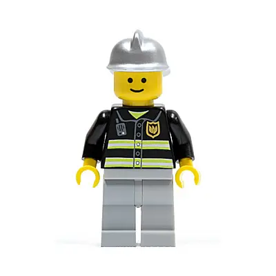  Fire - Reflective Stripes, Light Bluish Gray Legs, Silver Fire Helmet, Standard Grin