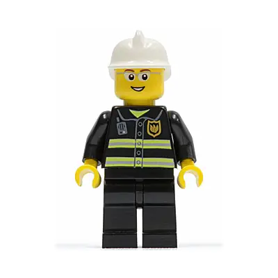  Fire - Reflective Stripes, Black Legs, White Fire Helmet, Glasses, Open Mouth Smile