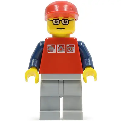 Red Shirt with 3 Silver Logos, Dark Blue Arms, Light Bluish Gray Legs, Glasses