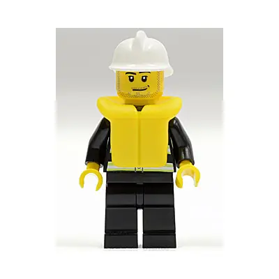  Fire - Reflective Stripes, Black Legs, White Fire Helmet, Smirk and Stubble Beard, Life Jacket