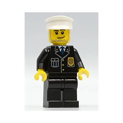  Police - City Suit with Blue Tie and Badge, Black Legs, White Hat, Smirk and Stubble Beard