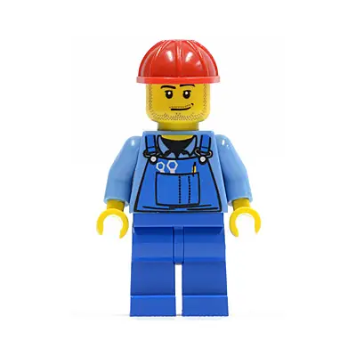  Overalls with Tools in Pocket Blue, Red Construction Helmet, Smirk and Stubble Beard