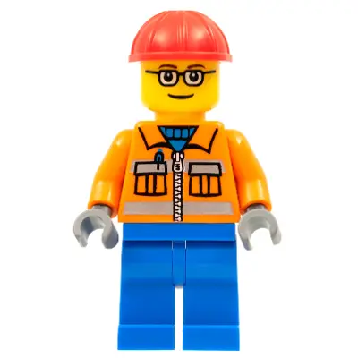  Construction Worker - Orange Zipper, Safety Stripes, Orange Arms, Blue Legs, Red Construction Helmet, Brown Eyebrows, Glasses