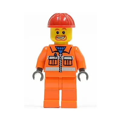  Construction Worker - Orange Zipper, Safety Stripes, Orange Arms, Orange Legs, Red Construction Helmet, Beard Around Mouth