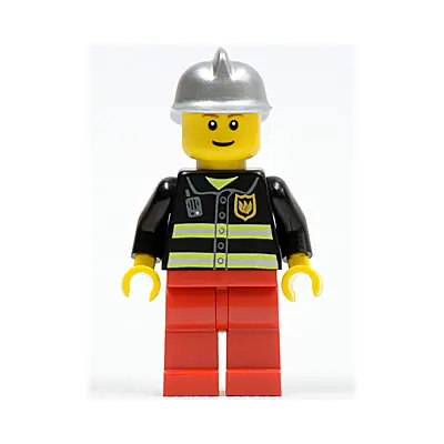  Fire - Reflective Stripes, Red Legs, Silver Fire Helmet, Brown Eyebrows, Thin Grin