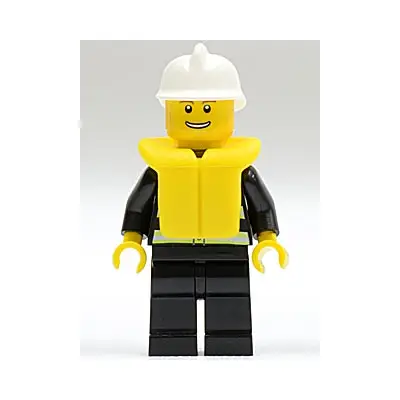  Fire - Reflective Stripes, Black Legs, White Fire Helmet, Thin Grin with Teeth, Life Jacket