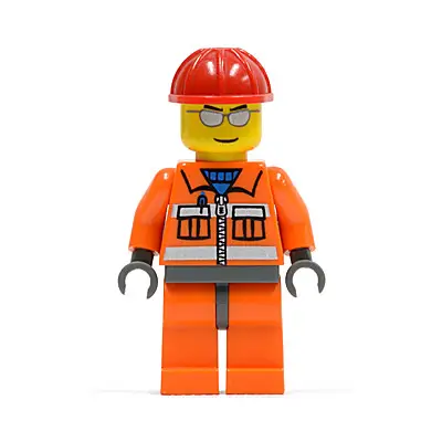  Construction Worker - Orange Zipper, Safety Stripes, Orange Arms, Orange Legs, Dark Bluish Gray Hips, Red Construction Helmet, Silver Sunglasses