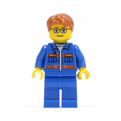  Blue Jacket with Pockets and Orange Stripes, Blue Legs, Dark Orange Short Tousled Hair, Brown Eyebrows, Glasses