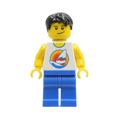  Surfboard on Ocean - Blue Legs, Black Short Tousled Hair, Crooked Smile