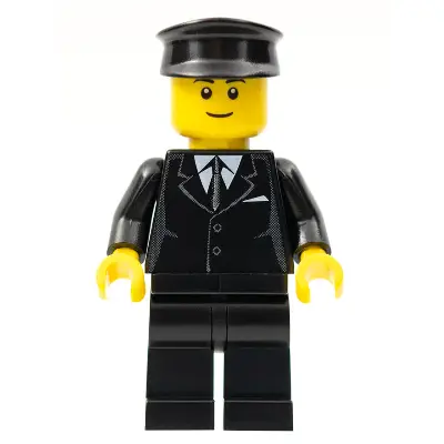  Suit Black, Black Police Hat, Black Eyebrows, Thin Grin