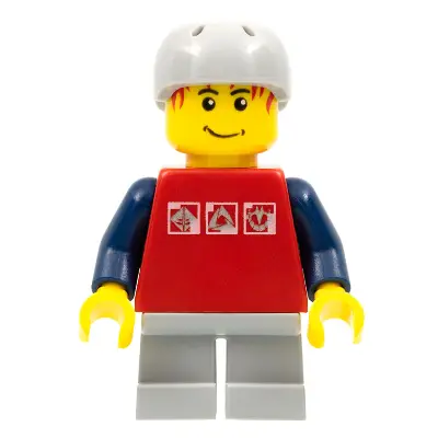  Skateboarder, Red Shirt with Silver Logos, Dark Blue Arms, Light Bluish Gray Short Legs, Male Messy Red Hair