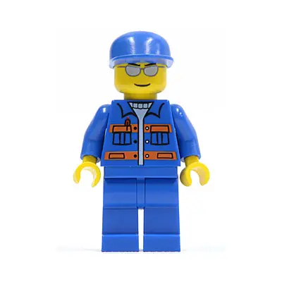  Blue Jacket with Pockets and Orange Stripes, Blue Legs, Blue Cap, Silver Sunglasses, Eyebrows and Thin Grin