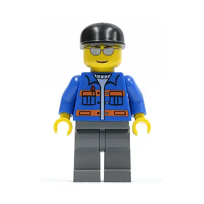  Blue Jacket with Pockets and Orange Stripes, Dark Bluish Gray Legs, Black Cap, Silver Sunglasses