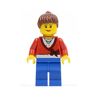  Sweater Cropped with Bow, Heart Necklace, Blue Legs, Reddish Brown Hair Female Ponytail