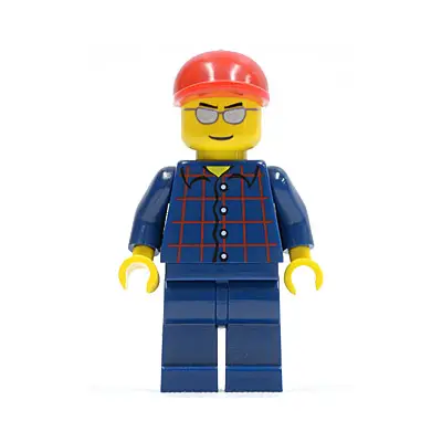  Plaid Button Shirt, Dark Blue Legs, Red Short Bill Cap, Silver Sunglasses