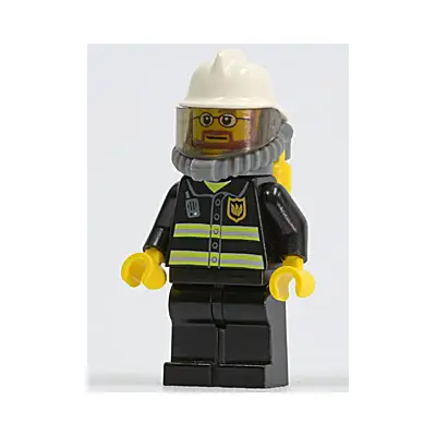  Fire - Reflective Stripes, Black Legs, White Fire Helmet, Breathing Neck Gear with Air Tanks, Yellow Hands, Beard and Glasses