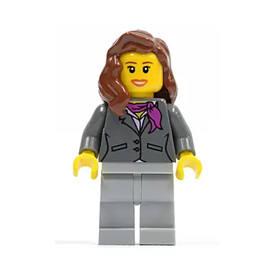  Dark Bluish Gray Jacket with Magenta Scarf, Light Bluish Gray Legs, Reddish Brown Female Hair over Shoulder, Dark Orange Lips