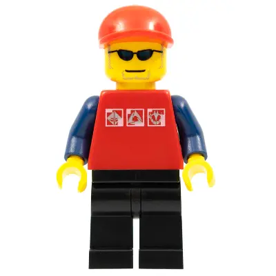  Red Shirt with 3 Silver Logos, Dark Blue Arms, Black Legs, Red Short Bill Cap, Glasses