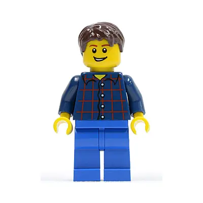  Plaid Button Shirt, Blue Legs, Dark Brown Short Tousled Hair, Lopsided Grin with Teeth