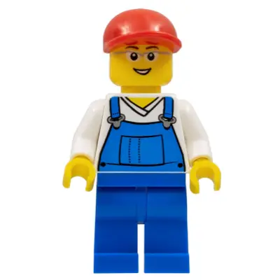  Overalls Blue over V-Neck Shirt, Blue Legs, Red Short Bill Cap, Glasses