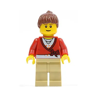  Sweater Cropped with Bow, Heart Necklace, Tan Legs, Reddish Brown Hair Female Ponytail, Brown Eyebrows, Thin Grin