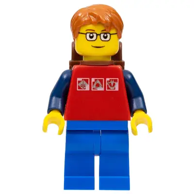  Red Shirt with 3 Silver Logos, Dark Blue Arms, Blue Legs, Dark Orange Short Tousled Hair, Brown Eyebrows, Backpack