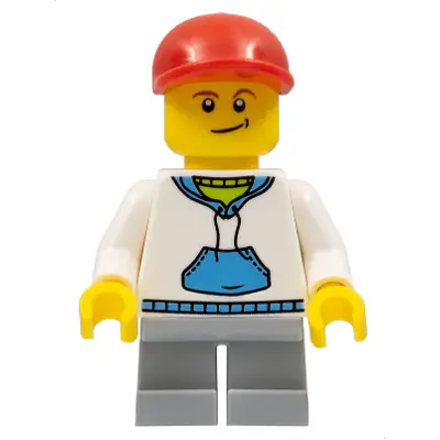  Child - Boy, White Hoodie with Medium Blue Pocket, Light Bluish Gray Short Legs, Red Cap