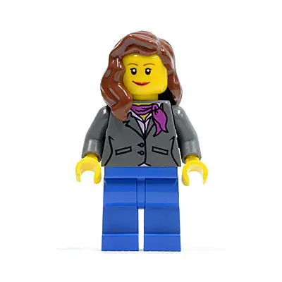  Dark Bluish Gray Jacket with Magenta Scarf, Blue Legs, Reddish Brown Female Hair over Shoulder