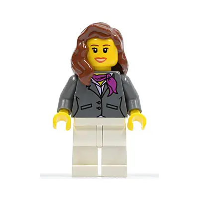  Dark Bluish Gray Jacket with Magenta Scarf, White Legs, Reddish Brown Female Hair over Shoulder