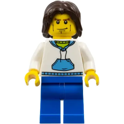  White Hoodie with Medium Blue Pocket, Blue Legs, Dark Brown Mid-Length Tousled Hair