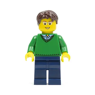  Green V-Neck Sweater, Dark Blue Legs, Dark Brown Short Tousled Hair, Glasses