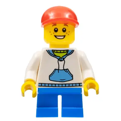  Child - Boy, White Hoodie with Medium Blue Pocket, Blue Short Legs, Red Cap, Freckles