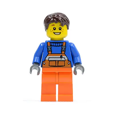  Overalls with Safety Stripe Orange, Orange Legs, Dark Brown Tousled Hair, Open Grin and Freckles