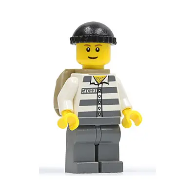  Police - Jail Prisoner 50380 Prison Stripes, Dark Bluish Gray Legs, Black Knit Cap, Reddish Brown Eyebrows, Thin Grin, Backpack
