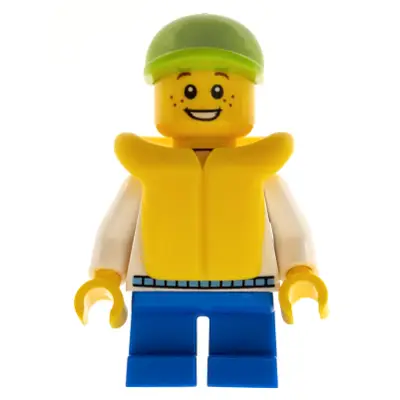  Child - Boy, White Hoodie with Medium Blue Pocket, Blue Short Legs, Lime Cap, Freckles, Yellow Life Jacket