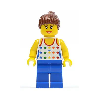  Shirt with Female Rainbow Stars Pattern, Blue Legs, Reddish Brown Ponytail Hair, Brown Eyebrows