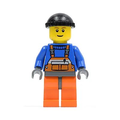  Overalls with Safety Stripe Orange, Orange Legs and Dark Bluish Gray Hips, Black Knit Cap