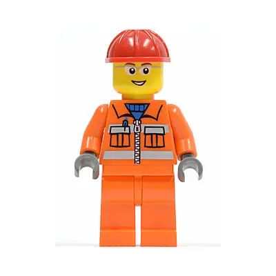  Construction Worker - Orange Zipper, Safety Stripes, Orange Arms, Orange Legs, Red Construction Helmet, Glasses with Gray Side Frames (Crane Operator)