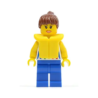  Shirt with Female Rainbow Stars Pattern, Blue Legs, Reddish Brown Ponytail Hair, Life Jacket