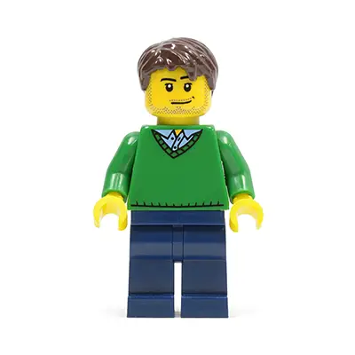  Green V-Neck Sweater, Dark Blue Legs, Dark Brown Short Tousled Hair, Smirk and Stubble Beard