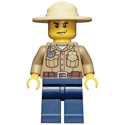  Forest Police - Dark Tan Shirt with Pockets, Radio and Gold Badge, Dark Blue Legs, Campaign Hat, Angry Eyebrows and Scowl, White Pupils