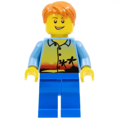  Sunset and Palm Trees - Male, Blue Legs, Dark Orange Short Tousled Hair, Lopsided Grin