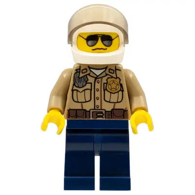 Forest Police - Dark Tan Shirt with Pockets, Radio and Gold Badge, Dark Blue Legs, White Helmet with Visor, Black and Silver Sunglasses