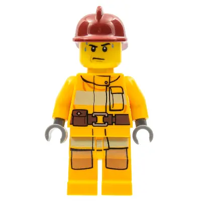  Fire - Bright Light Orange Fire Suit with Utility Belt, Dark Red Fire Helmet, Sweat Drops