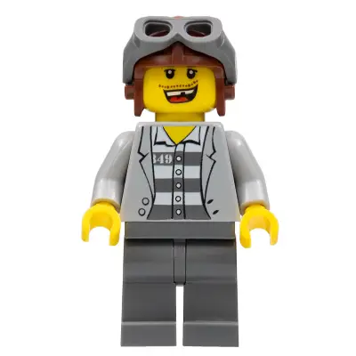  Police - Jail Prisoner Jacket over Prison Stripes, Dark Bluish Gray Legs, Aviator Cap and Goggles, Missing Tooth