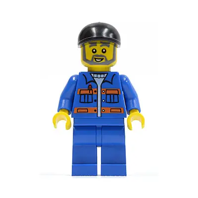  Blue Jacket with Pockets and Orange Stripes, Blue Legs, Black Short Bill Cap, Gray Beard