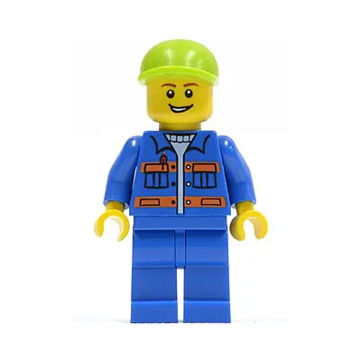  Blue Jacket with Pockets and Orange Stripes, Blue Legs, Lime Short Bill Cap, Open Grin