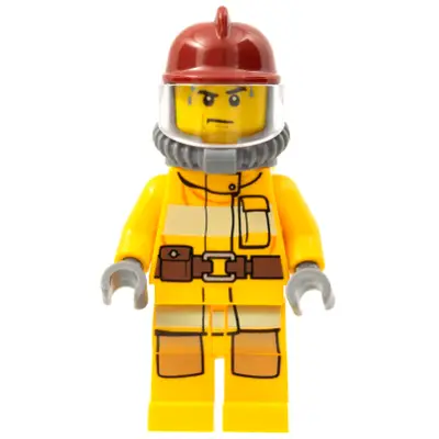  Fire - Bright Light Orange Fire Suit with Utility Belt, Dark Red Fire Helmet, Yellow Air Tanks, Sweat Drops